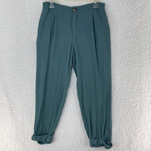 Anthropologie Elevenses‎ Green Pleated Ankle Pants Womens Roll Cuff Size 8 - Picture 1 of 16